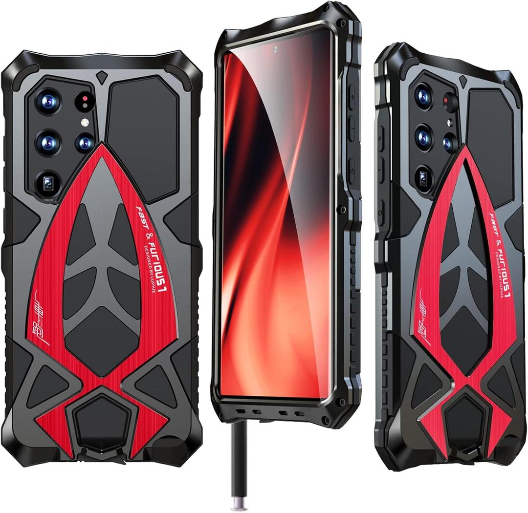 Armor Phone Case for Samsung Galaxy S23 Ultra Military Grade Drop Protection Cover S23Ultra 5G Heavy Duty Hybrid Metal Bumper Built-in Silicone Shockproof Dustproof - Black + Red