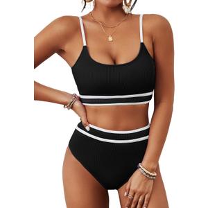 BMJL Women's High Waisted Bikini Ribbed Two Piece Swimsuit High Cut Color Block Adjustable Straps Bathing Suit (Large, Black)