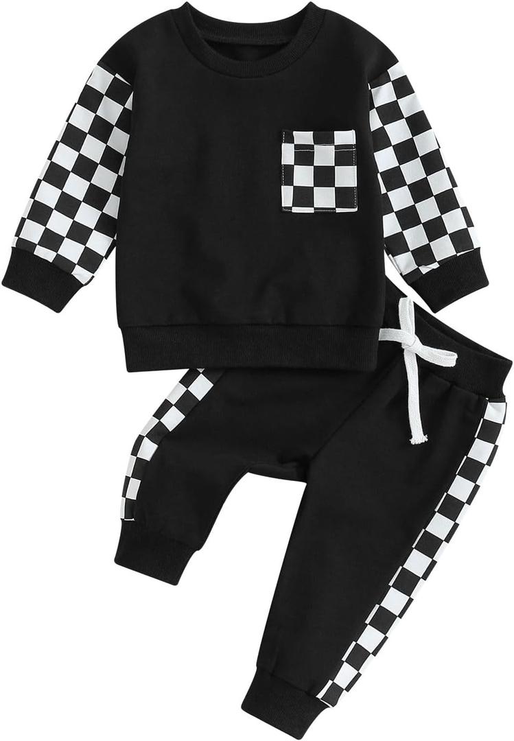Toddler Baby Boy Fall Winter Outfit Contrast Color Long Sleeve Sweatshirts Stretch Jogger Pants Newborn Clothes Set (18-24 Months, Plaid Black)