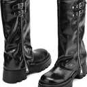 TEAIEUI Knee High Boots Women Chunky Platform Moto Riding Boots Slouchy Fold Over Wide Calf Motorcycle Biker Boots for Women with Fashion Buckle