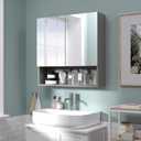 24x24 Bathroom Cabinet with Mirror, Wall Cabinet with 2 Mirrored Doors, Adjustable Shelf, Open Compartment, Wall-Mounted, Grey(Assembly Required), W24 x H24 2 Door