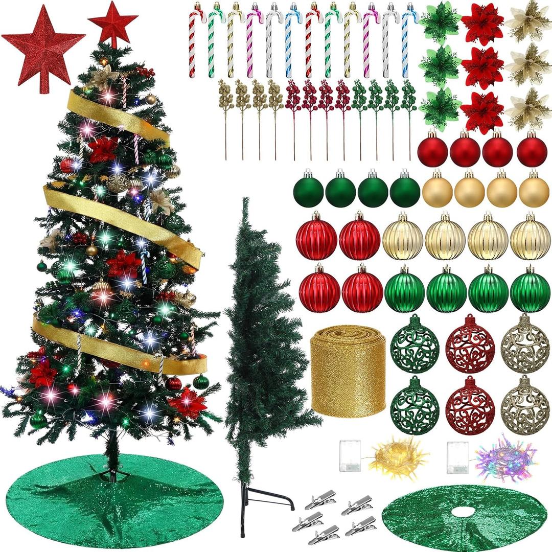 70 PCS 7 FT Half Christmas Tree with Lights and Ornaments for Wall Corner Artificial Half Xmas Tree with 200 LED Lights 500 Branches Balls Skirt Berry Stems for Holiday Decoration(Green Color)
