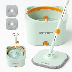 HoMettler Spin Mop and Bucket with 2 Microfibra Replaceable Mop Pads, Self Separation Dirty and Clean Water System Self Wringing 360° Rotating Square Mop-Head (1 Bucket + 52'' Mop + 2 Microfibra Pads)