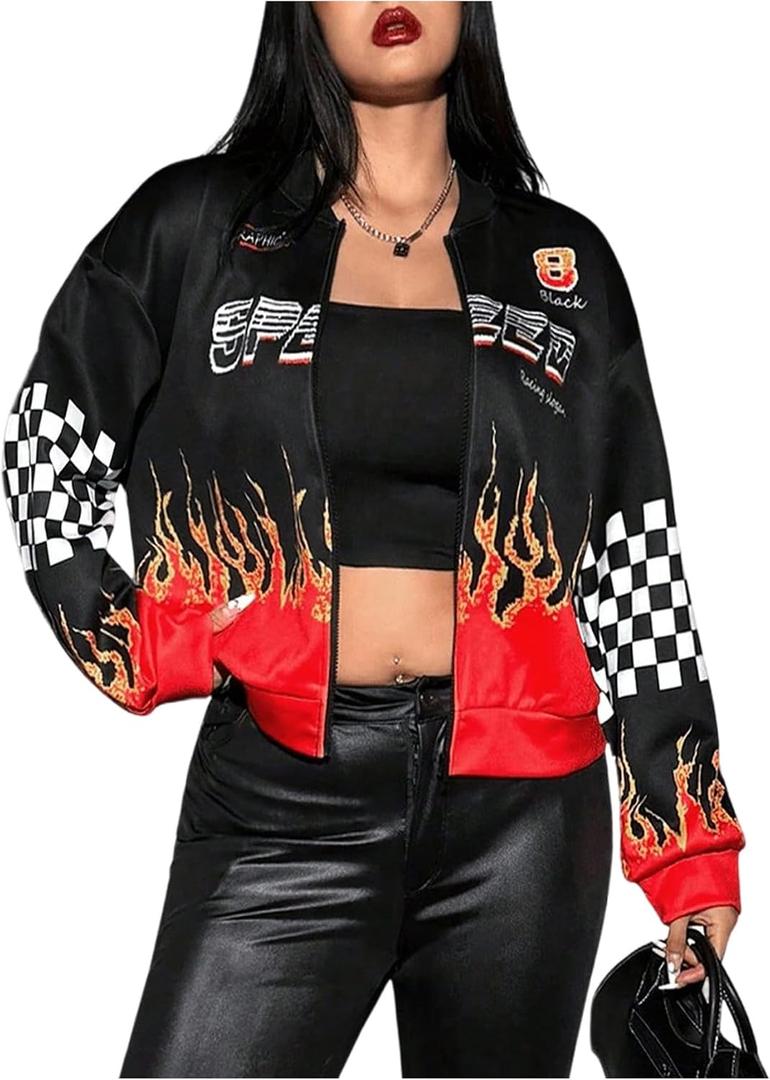 OYOANGLE Women's Plus Size Letter Graphic Zip Up Varsity Jacket Long Sleeve Y2K Streetwear Racer Motorcycle Jacket X-Large Plus, Black