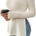 RoseSeek Women's Ribbed Knit Long Sleeve Split T Shirts Crewneck Fuzzy Fitted Tee Tops Elegant Top (Medium, Beige)