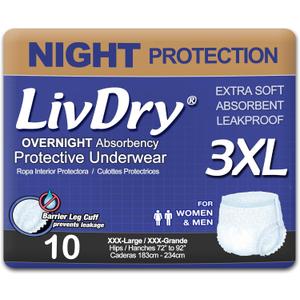 LivDry 3XL Overnight Adult Diapers for Women and Men, XXXL Incontinence Underwear, 72-92" Waist, Disposable Pull-On Briefs, XXX-Large, 10 Count