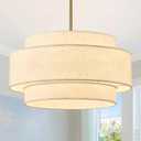 Gold Modern Chandelier 20'' Drum Chandeliers with 3-Layer Fabric Shade 4-Light Linen Pendant Light Fixture for Dining Room Bedroom Kitchen Hallway Foyer