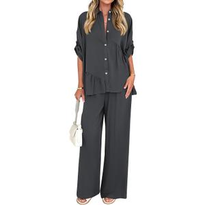 KIRUNDO Two Piece Sets for Women Summer Outfits 2025 Dressy Casual Half Sleeve Button Down Shirt Wide Leg Pants Lounge Set (X-Large, Dark Grey)