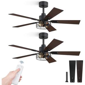 Fanbulous 2 Pack Farmhouse 42 Ceiling Fans with Lights, Black Industrial Caged Ceiling Fans for Bedroom Living Room, Double-Sided 5 Blades Rustic Ceiling Fan