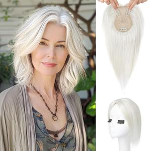 Flufymooz 100% Real Human Hair Toppers for Women, 10 Inch Clip in Human Hair Topper for Thinning Hair, 3603D Cover Clip in Bangs Natural Hairpiece With 4.5'' x 3'' Silk Base-Silver White