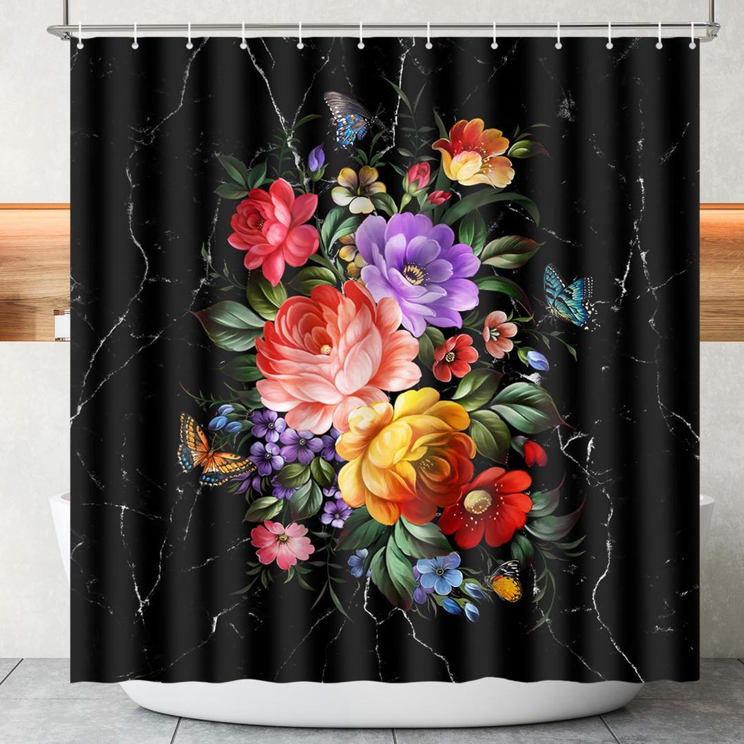 Lokigo Black Flowers Shower Curtain, Shower Curtain Colorful Floral, Polyester Fabric Waterproof Shower Curtains for Bathroom Decoration, Modern Shower Curtain Set with 12 Hooks, 72" x 72"
