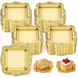 100PCS Gold Mini Square Baroque Dessert Display Trays, Elegant Plastic Serving Plates for Small Cakes, Candy, Appetizers at Weddings, Parties, Hotels, 3.15x3.15 Inch