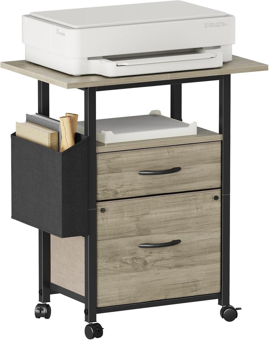 GYIIYUO 2 Drawer File Cabinet with 24'' Extended Desktop, Mobile Filing Cabinet, Rolling File Cabinet with Side Bag, Fabric Drawer, Fits A4 Size, Home Office, Oak Grey