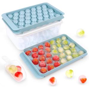Ice Cube Trays with Lids for Freezer, 66 Sphere Ice Cube Tray with Bin Easy Release for Iced Coffee or Ice Drinks, Ice Tray with Ice Scoop Ice Cube Mold for Reusable Ice Cubes for Ice Bucket (2 Pack, Blue(Argentinan Blue))
