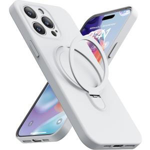 Magnetic Stand for iPhone 14 Pro Max Case, Liquid Silicone Case, [Compatible with MagSafe][Built-in Kickstand&Ring Holder] Anti-Scratch Soft Microfiber Lining, White