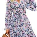 KIRUNDO Women Casual Summer Fall Dresses Long Sleeve Floral Wrap V Neck High Waist Ruffle Tiered A Line Flowy Mini Dress(Apricot Flower, Medium)