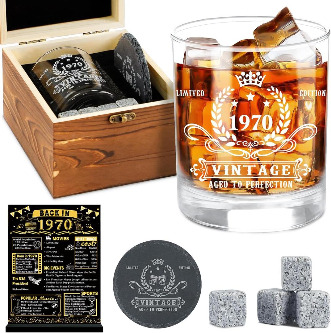 YeohJoy 55th Birthday Gifts for Men,Vintage 1970 Whiskey Glass Set,Wood Box &1970 Poster Anniversary Card & Whiskey Stones & Coaster,Bday Gifts Ideas for Him, Dad, Husband
