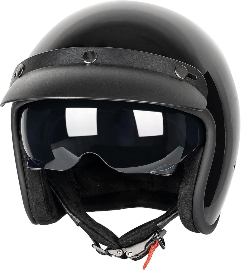 Yesmotor 3/4 Open Face Retro Motorcycle Helmet Vintage Helmet for Motorbike Casco, Moped, Cruiser, Bobber, and Chopper - DOT ApprovedLight Black,L