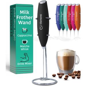 Milk Frother Wand & Electric Stirrer with Stand - Turbo Coffee & Milk Frother Handheld - Hand Held Coffee Mixer Wand & Cold Foam Maker for Frothy Cappuccinos, Lattes & Drink Mixes at Home (Black)