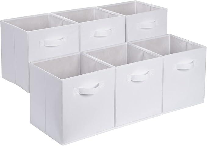Collapsible Fabric Storage Cubes Organizer with Handles, Sturdy, White, 10.5-x-10.5-x-11-inch, Pack of 6