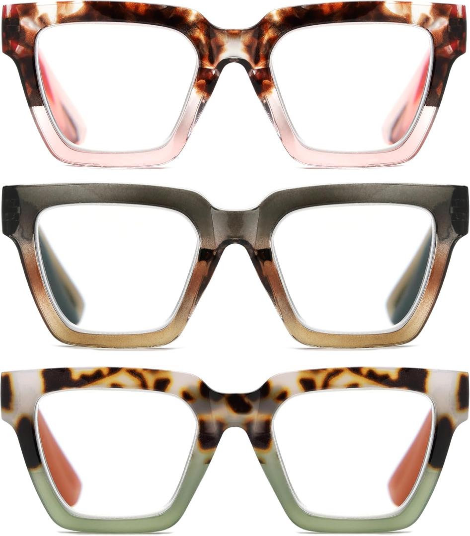 Yogo Vision Blue Light Blocking Reading Glasses for Women Big Square Oversized Computer Readers (3 Pack) (Pink Havana, Green and Brown, Milky Brown and Green)