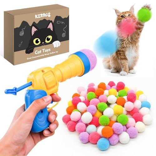 Kerros Interactive Cat Ball Toy with 1 Plastic Launcher Gun and 30 Fuzzy Pom Pom Balls, Funny Interactive Cat Toys for Indoor Self Play Cat Kitten Toys for Swatting, Biting, Hunting, Exercise