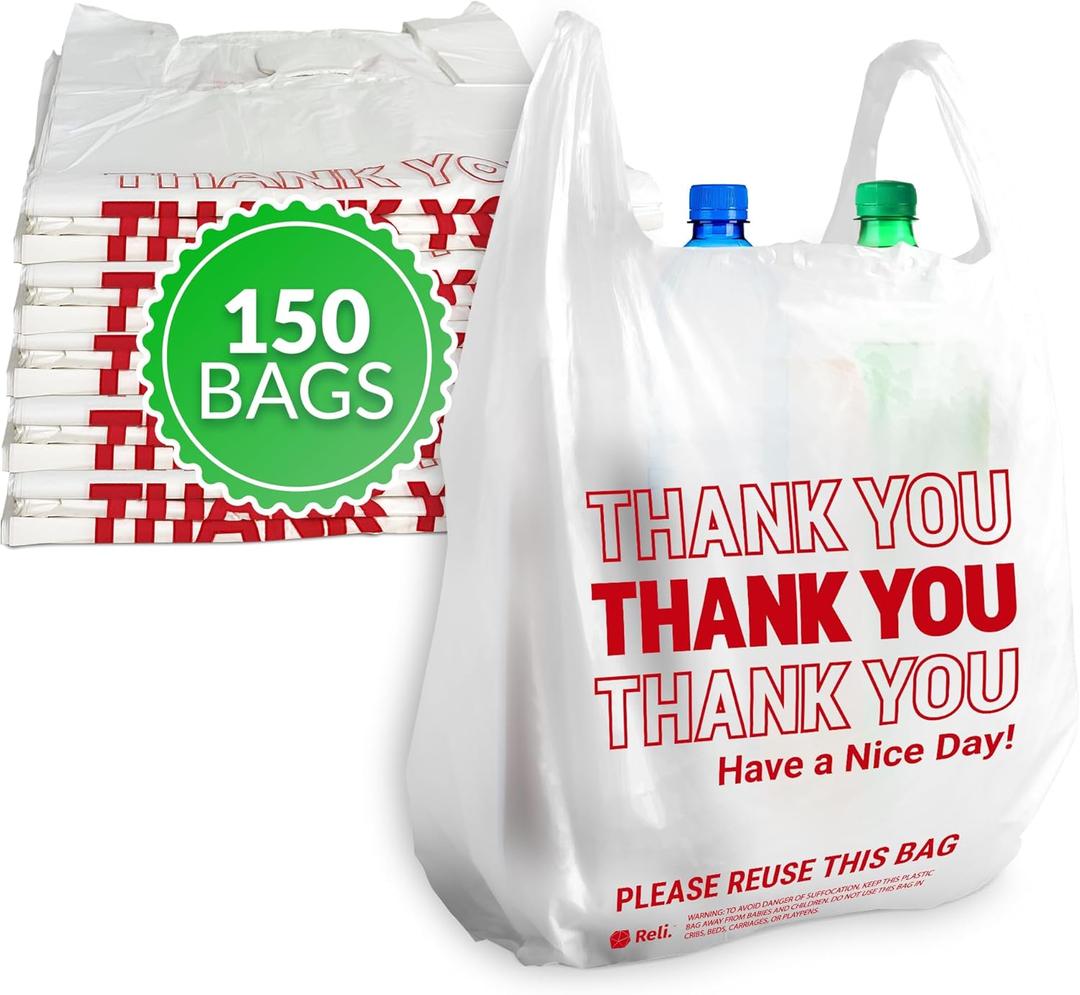 Reli. Thank You Plastic Bags | 150 Pack | (11.5" x 6.5" x 21"), White | Plastic Bags with Handles | Ideal for Grocery, Shopping, Food Take Out, Restaurants, Small Business