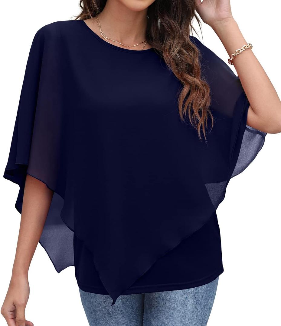 QIXING Women's Summer Casual Loose Chiffon Flowy Tops Elegant Blouses (Medium, 05-navy Blue) QIXING Women's Summer Casual Loose Chiffon Flowy Tops Elegant Blouses (Medium, 05-navy Blue)