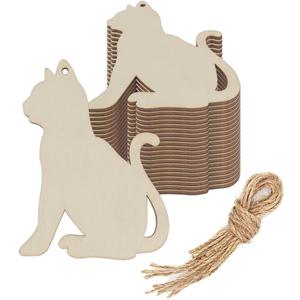 20pcs Cat Wood DIY Crafts Cutouts Blank Wooden Cat Shaped Hanging Ornaments with Jute Twines Wood Tags for Baby Shower Wedding Birthday Party Decorations