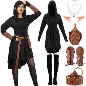7PCS Renaissance Medieval Costume Women, Hooded Fairy Dress Lace Up Outfits with Vintage Arm Pouch Belt Faux Leather (Black, M)