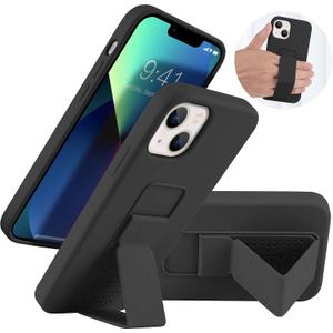 LAUDTEC Silicone Kickstand Case Compatible with iPhone 13, Vertical and Horizontal Stand Hand Strap Metal Kickstand Cover, Flexible Soft Liquid Silicone Stand Case for iPhone 13 (Black)