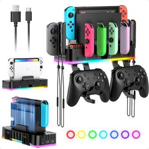 RGB Switch Wall Mount for Joy-Con Charger, Switch Holder for Nintendo Switch 1/ OLED with Switch Organizer, Switch Accessories with 15 Light Mode, 4 Controller Charger, 2 USB Port, 10 Card Slot (Carbon Black)