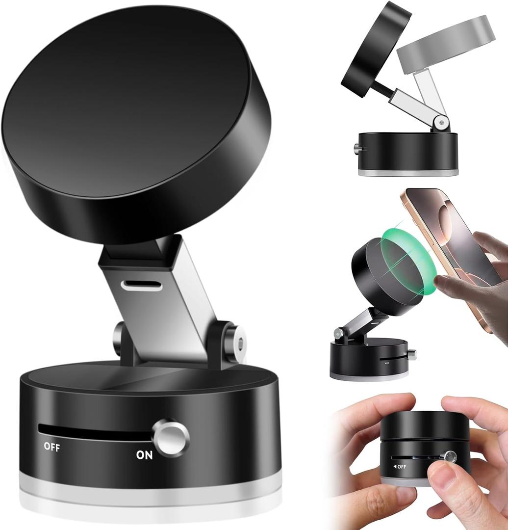 Vacuum Suction Magnetic Phone Mount,Double Sided Magnetic Suction Cup Phone Mount for Car/Mirror/Smooth Surface Foldable and Retractable Universal Cell Phone Holder Stand Mount for All Phones Black