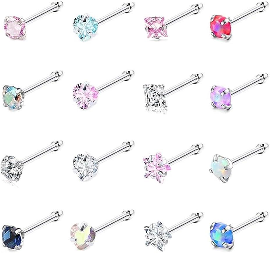 SEEDRILL Nose Rings Studs for Women 16Pcs 20G/18G Nose Studs Hypoallergenic 316L Surgical Steel Nose Piercings Jewelry 3mm CZ & Opal Nose Ring L Shape Nose Stud 20 Gauge Nose Screw Studs