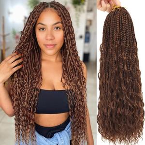 Eeanno Goddess Box Braids Crochet Hair Mixed Chocolate 18 Inch 7 Packs Boho Hair for Women Pre Looped Crochet Box Braids with Curly Ends, P3330