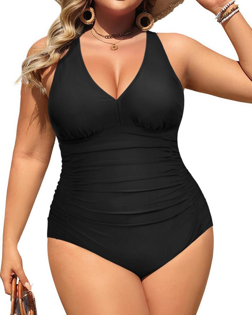 Aqua Eve Women Plus Size One Piece Swimsuits V Neck Tummy Control Bathing Suits Retro Ruched Swimwear (Black) XXL