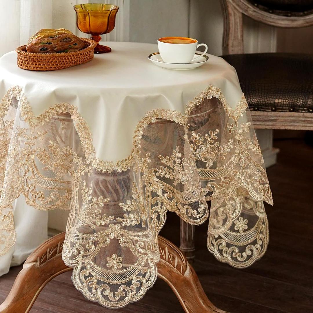 ARTABLE Lace Tablecloth Rectangle Waterproof Table Cover with Exquisite Macrame Border for Wedding Kitchen Holidays Party Decor (Beige, 41 x 41 Inch)