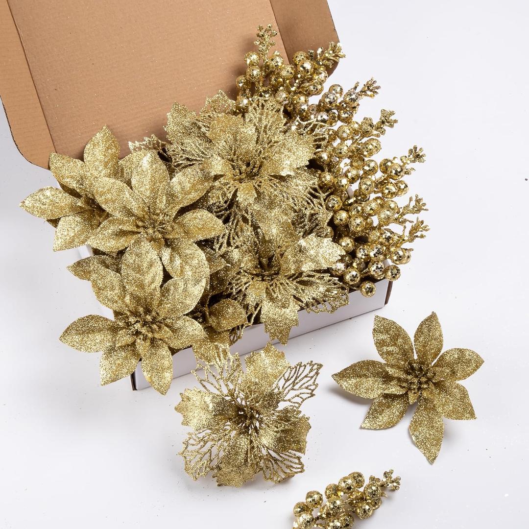 24Pcs Gold Glitter Poinsettia Christmas Tree Ornaments and Glitter Berries Stems, 16Pcs Christmas Artificial Flowers and 8 Pack Christmas Tree Picks for Wedding Holiday Decorations