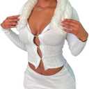 Women Sexy 2 Piece Outfits Rave Tie-up Feather Trim Fur Long Sleeve Cardigan Deep V Blouse (Small, Furry Collar Cardigan Skirt Set-white)