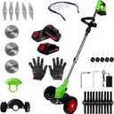 Electric Weed Wacker Cordless Eater 3 Battery, Foldable and Lightweight Grass Trimmer/Brush Cutter,5 Types Blade&Wheels 21V 2.0Ah Battery (3 Pieces) Powered for Garden and Yard (Non-Foldable)