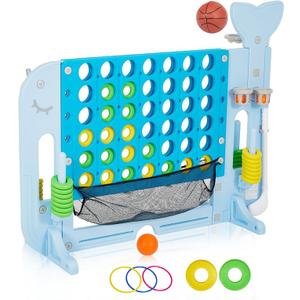 Giant 4-to-Score Game Set,Jumbo 4-in-A-Row Game w/Mesh Pocket and Quick-Release Slide,4-Level Height Adjustable, 4-in-1 Play Design w/Golf, Basketball & Ring Toss for Kids & Adults, Preschool Games