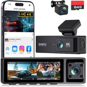 3 Channel Dash Cam Front and Rear, 4K+2.5K+1080P Front and Rear Inside, 3.2" Screen Dash Camera for Cars, 4 IR Night Vision, WiFi APP Control, G-Sensor, 24H Parking Mode, Includes 64GB SD Card (Black)
