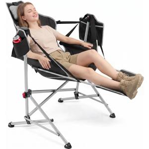 Hammock Camping Chair with Footrest, Oversized Swinging Folding Camp Chair for Adults, Adjustable Back & Seat, Heavy Duty Rocking Chair with Cup Holder & Pillow for Outdoor Patio Lawn RV, Black