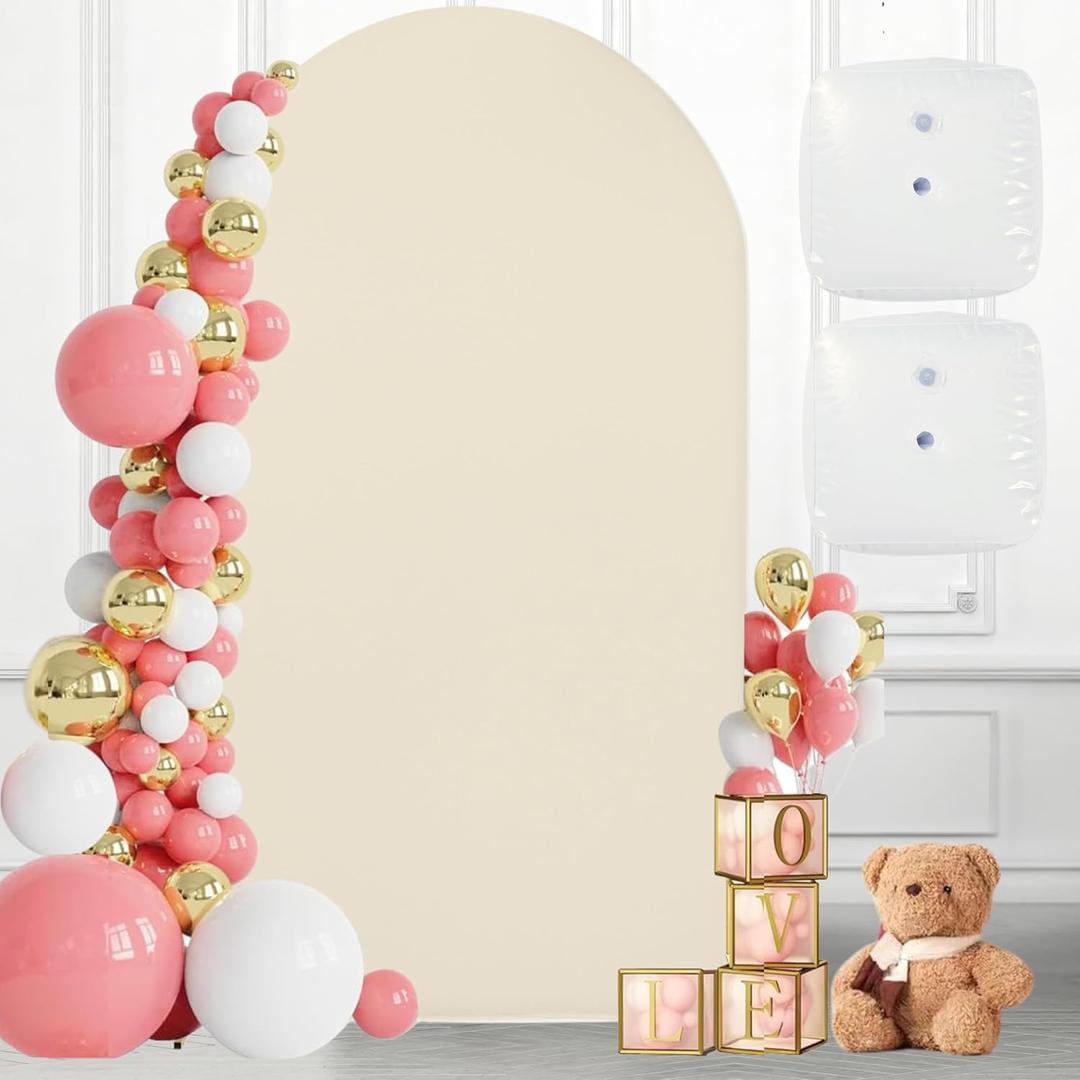 7.2 FT Wedding Arch Backdrop Stand and Cover Set | Metal Backdrop Arch Stand, Balloon Stand, Water Bags | Party, Bridal Show, Birthday, Baby Shower Decorations (Beige Cover)