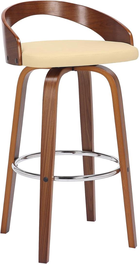 Armen Living Sonia Mid Century Modern Swivel Bar Stool for Kitchen Island Counter in Cream Faux Leather and Walnut Wood, 30" Seat Height