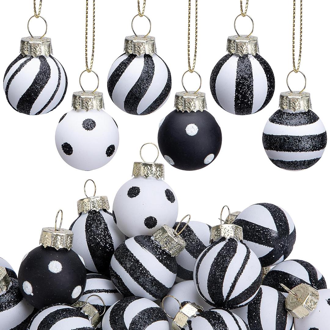 Deloky 24 Pcs Mini Christmas Black White Glass Balls Ornaments, 1" Glitter Christmas Stripe Dots Swirl Hanging Balls, Glass Miniature Black and White Ball Tree Decoration for Xmas Party Home Decor
