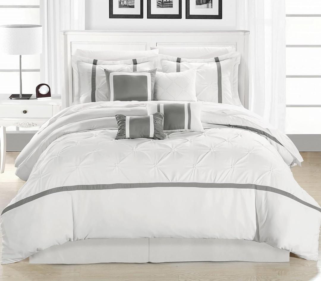 Chic Home White Bed in a Bag Comforter Set, King Size (8 Piece), Vermont - Pinch Pleat Microfiber Bedding - Comforter, Shams, Bed Skirt, Cushions and Breakfast Pillow