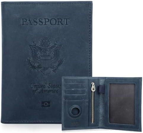 CONTACTS Full Grain Leather Passport Holder RFID Blocking Travel Passport Wallet Compatible with Airtag Passport Cover Case with 4 Card Slots, Coin Pocket (US Passport Stamp, Blue)