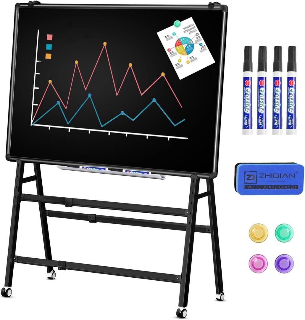 MUKUANG Magnetic Double-Sided Rolling Dry Erase Blackboard with Stand Height & Width Adjustable, A-Frame Foldable Stand Black Board on Wheels, 48 x 36 Mobile Standing Whiteboard(Black)