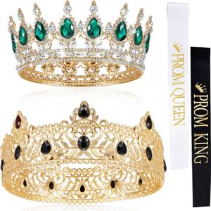 4 Pieces Gold King Crown Tiara for Men Women Prom Queen and King Satin Sash Rhinestone Crown for Wedding Graduation(6.8 x 2.5 Inch, 5 x 2 Inch,Green Diamond)